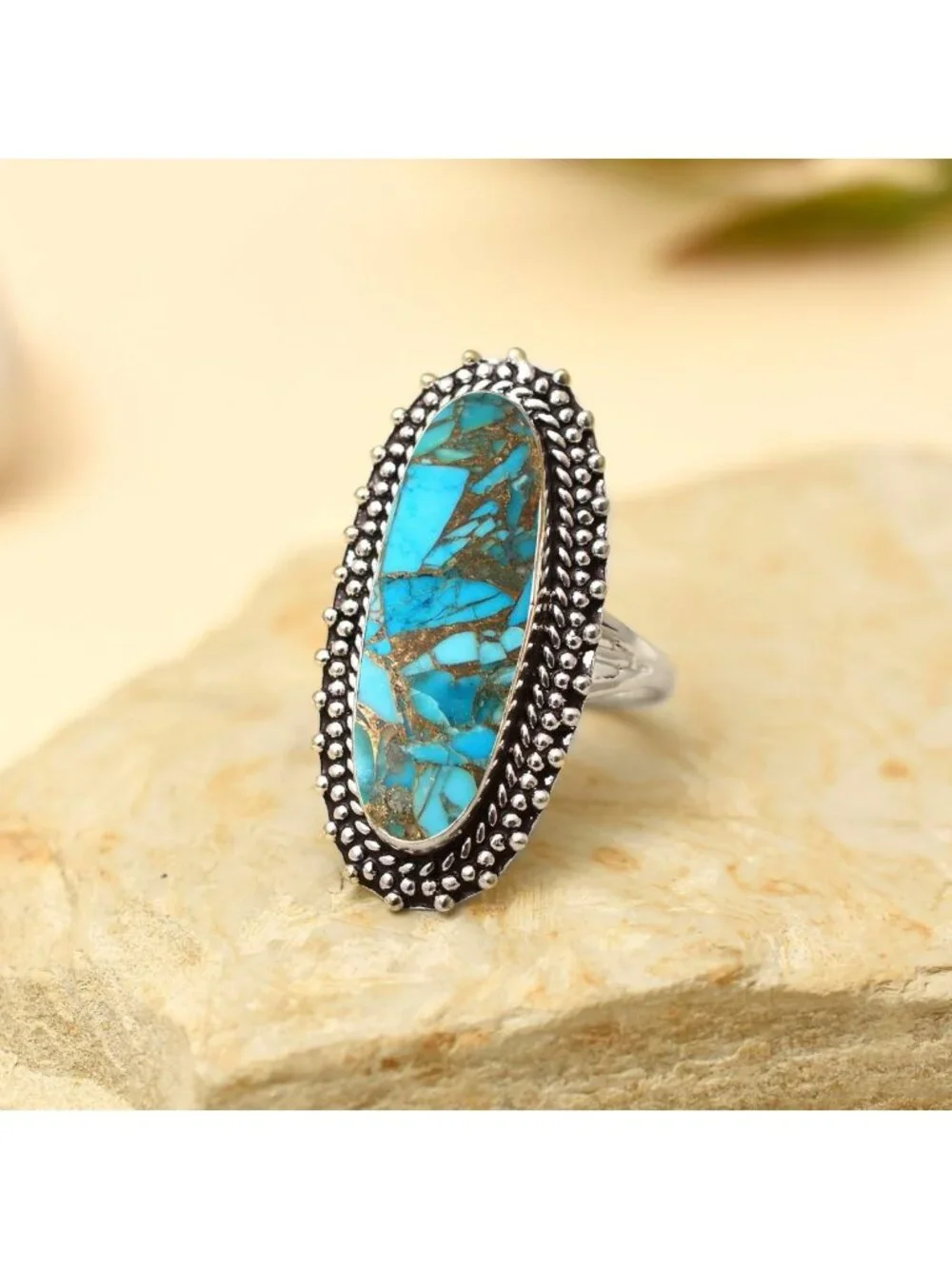 Handmade 925 Sterling Silver Blue Copper Turquoise & Tiger's Eye Statement Ring
